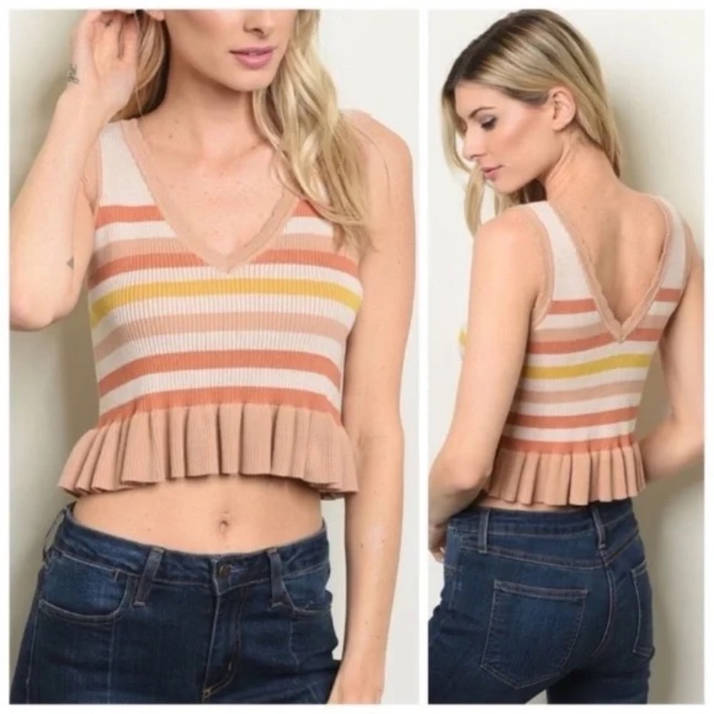 Storia Cropped V-Neck Cotton Knit Striped Ruffle Sweater Tank Size S Boho